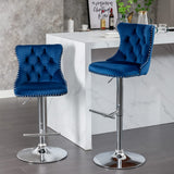 MOOLSUN Rotating Velvet Bar Stools Set of 6, Modern Padded with Nailhead Trim and Tufted Back, Adjustable Swivel Counter Height Stools for Kitchen Island, Bar, Club,Blue(Silver Base)