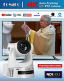 FoMaKo K600NW 4K 60fps NDI PTZ Camera, NDI|HX3 4K 60fps Output,20X Optical Zoom,Gen 3 AI Auto-Tracking, 3G-SDI HDMI NDI USB PoE, for Church Worship & Live Streaming, White