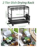 Nfnoyp Dish Drying Rack, 2 Tier Space-Saving Dish Rack, Multifunctional Dish Drainer for Kitchen Counter with Drainboard/Utensil/Cup Holder Rustproof Carbon Steel, Black