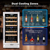 Tylza Mini Fridge 15 Inch Wine Cooler Under Counter, 30 Bottles Dual Zone Wine Fridge with Stainless Steel, Wine Refrigerator Freestanding, Built-in Wine Cellars
