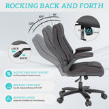 Executive Office Chair with Rubber Wheels, Big and Tall Office Chair 400LBS, High Back Leather Computer Desk Chair with Flip-up Armrests and Lumbar Support, Black