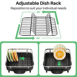 SAYZH Dish Drying Rack - Expandable Dish Rack for Kitchen Counter, Rust-Resistant Dish Drainer with Utensil Holder and Raised Guardrail, Kitchen Organizer for Cup and Bottle (Black)