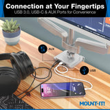Mount-It! Triple Monitor Mount with Gas Spring Arms, Fits 24–32 Inch Screens, USB & Audio Ports, Full Motion Desk Stand with Tilt, Swivel & Rotation, Heavy Duty Silver 3 Screen Arm with Clamp