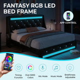 Holiway Full Size Bed Frame with LED Lights and Charging Station, Wingback Upholstered Headboard with Diamond Tufted, Solid Wooden Slats Support, Noise-Free, Easy Assembly, Black