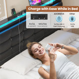 ADORNEVE Full Size Bed Frame with Storage Headboard & 4 Drawers, LED Bed Frame Full with Charging Station, Leather Upholstered Platform Bed Frame with Button Tufted, No Box Spring Needed, Black PU