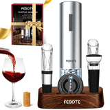 Febote Electric Wine Opener Set for Home Bar Party - 5-in-1 Automatic Rechargeable Corkscrew with Charging Base, Foil Cutter, Vacuum Stoppers, Aerator, Accessories Premium Mahogany Base - Brown