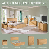ALLTUFO 23.6'' Tall Modern Nightstand Set of 2, Wood Bedside Table with Charging Station, Mid Century End Table with 3 Storage Drawers, for Bedroom, Living Room, Curved Waterfall Edge, Natural Oak