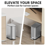 WFRWFR 2.6 Gal Bathroom Trash Can with Soft Close Stay Open Lid, Small Rectangular 10L Stainless Steel Waste bin for Narrow Space, Waterproof, Matte Silver