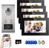 Multi-Unit Home Apartment Visual Intercom Doorbell System,7 Inch Monitor Wired Video Doorbell Door Phone Kits,IR Camera,Motion Detection, Swipe Card, Monitor, Tuya APP (1 doorbell +4 Monitor)