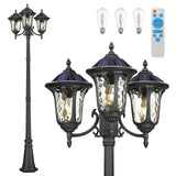Luminzone 3-Head Outdoor Solar Lamp Post Lights with High Posts, Dusk to Dawn Remote Control Waterproof Exterior Pillar Lantern 3 Lighting Mode Modern Street Light for Garden Walkway