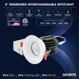 LUXRITE 3 Inch LED Regressed Canless Spotlight + Round White Interchangeable Trim, 5CCT 2700K-5000K, Twist N' Lock, Recessed Lighting, 15W, 1250LM, CRI90, Dimmable, 60° Beam, IC & Wet Rated (4 Pack)