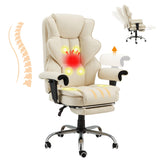 HOMREST 6-Point Massage Executive Chair,Heat Office Chair,Ergonomic Home Office Desk Chairs with Retractable Footrest and Reclining Function,Leather Computer Chair with Adjustable Armrest(‌Off White)