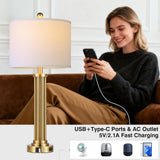 MOUVOVO 28" Tall Modern Table Lamps Set of 2 with USB C+A Ports and AC Outlet, 3 Way Touch Metal Bedside Lamps for Bedroom, Gold Nightstand Lamps for Living Room