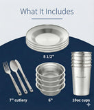 Wealers Unique Complete Messware Kit Polished Stainless Steel Dishes Set| Tableware| Dinnerware| Camping| Buffet| Includes - Cups | Plates| Bowls| Cutlery| Comes in Mesh Bags (4 Person Set) (Green)