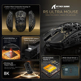 ATTACK SHARK R5 Ultra Carbon Fiber Wireless Gaming Mouse,39g Superlight Hollowed-Out,PAW3950MAX Optical Sensor Nordic 52840 MCU 8K Polling 42K DPI,Tri-Mode Programmable Mice with Coiled Cable-Black