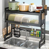 ZrgGea Over The Sink Dish Drying Rack, Over Sink Dish Drain Drying Rack for Kitchen Storage of Dishes and Cutlery, Space Saving Dish Rack with Cover, (Black, 33.5 inch)
