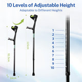 Forearm Crutches for Adults,Open Cuff,Handle with Light Reflector,Foldable and Height-Adjustable Elbow Crutches,High Density Sturdy Aluminum,A Pair, Black