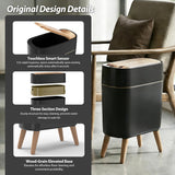 Trash Can, 2.6 Gallon/10L Bathroom Trash Can with Lid - Wood Grain Lid and Legs, Touchless Waterproof Garbage Bin for Bedroom