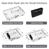 MAJALiS Dish Drying Rack Over The Sink, Expandable Stainless Steel Dish Drainer for Small Kitchen Counter Space Saving, RV Compact Plate Strainer In Silver Metal with Hanging Adjustable Utensil Holder