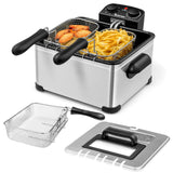 COSTWAY 5 Liter Deep Fryer with Basket, 1700W Electric Oil Fryer with Lid with Viewing Window, Adjustable Timer and Temperature, Small Countertop Deep Fryer Pot for Home Kitchen Use, Silver