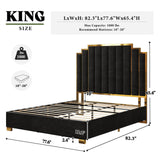 AMERLIFE King Size Upholstered Bed, Modern Velvet Bed Frame with 65.4” Tall Gold Trim Headboard, No Box Spring Needed, Black