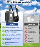 WADEO 2026 Upgraded Portable Shower for Camping, 6000mAh Rechargeable Camping Shower Pump with Camping Light, 5 Pressure Levels, IPX8 Waterproof Outdoor Shower for Hiking, Travel, Car, Pet