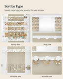 SONGMICS Jewelry Organizer, LED Jewelry Cabinet Wall/Door Mounted, Lockable Rounded Wide Mirror with Storage, Interior Mirror, 3.9 x 16.5 x 42.5 Inches, White Surface with Greige Lining