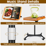 2 in 1 Dual-use Music Stand & Desktop Book Stand, Adjustable Height 16.5"-51", 100% Solid Wood Laptop Floor Stand Book Holder with Elastic Page Clips for Cookbooks (Brown with Tray and Wheels)