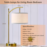 Hikczc Table Lamp for Living Room Bedroom, 23.5" Table Lamps Set of 2 with USB C+A Ports, Bedside Lamps for Nightstand with Linen Lamp Shades, 2 Dimmable LED Bulbs Included, Gold
