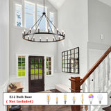 16-Lights Wagon Wheel Chandelier 47 Inch Black Chandelier Light Fixture Farmhouse Chandeliers for Living Room Foyer Chandeliers for High Ceilings Round Pendant Light for Dining Room Entryway