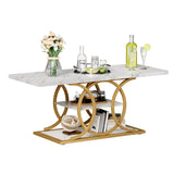 GiftGo Rustic Coffee Table with Storage Modern 3 Tier Center Living Room Table Faux Marble Wooden Rectangle Cocktail Tea Table for Office Bedroom Elegant Full Moon Design (White Gold, L-47)