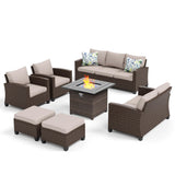 MIXPATIO Patio Furniture Set, 7 Pcs Wicker Outdoor Conversation Set, 2 x Leg Chairs, 1 x 3 Seater Sofa, 1 x 2-Seat Lover Sofa and 2 x Ottomans with 4" Thick Cushion and 32" Fire Pit Table, Beige