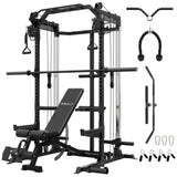 Mikolo Power Cage, 2000LB Power Rack with Independent Dual Pulley System, Multi-Function Home Gym Workout Machine for Cable Crossover (Black with Barbell)