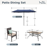 PHI VILLA 7pc Patio Dining Set with Umbrella, Wood-top Table, Rattan Chairs