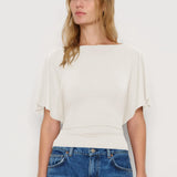 SeeLuNa Women Cinched Waist Shirts Stretchy Dolman Sleeve Boat Neck Knit Top Trendy Streetwear Outfits Basic Workout Tee Tops(Cream,S)
