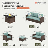 MIXPATIO Patio Furniture Set, 7 Pcs Wicker Rattan Outdoor Conversation Set, 2 x Leg Chairs, 1 x 3 Seater Sofa, 1 x 2-Seat Lover Sofa and 2 x Ottomans with 4" Thick Cushion and 32" Fire Pit Table, Blue