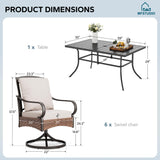 MFSTUDIO 7PC Patio Dining Set, Rectangular Table, Swivel Rattan Chairs