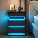 PIXOURA LED Nightstand Set of 2, Modern Night Stand with Charging Station, Sliding Top & 2 Slanted Drawers, Wood Bedside Table End Side Table for Bedroom, Living Room, Office, Black