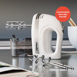 Mueller Electric Hand Mixer, 5 Speed with Snap-On Case, 250 W, Turbo Speed, 4 Stainless Steel Accessories, Beaters, Dough Hooks, Baking Supplies for Whipping, Mixing, Cookies, Bread, Cakes, White