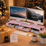 OPNICE Desk Organizers and Accessories, Dual Monitor Stand Riser with Drawer and 2 Pen Holders, Desk Shelf Computer Racks & Printer Stand for Office Workspace Organizers, Desktop Organization (Pink)