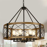 Modern Chandelier for Dining Room, 6-Light Wood Grain Finish Farmhouse Chandelier, 22.5” Rustic Drum Hanging Light Kitchen Island, Round Metal Hanging Light Fixture for Foyer, Entryway, Bedroom