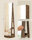 SONGMICS 6 LEDs Lockable Mirror Jewelry Cabinet, 360° Swivel Jewelry Organizer Armoire Standing, Frameless Full-Length Mirror, 3 Storage Shelves, Rustic Brown Surface, Black Lining UJJC007X01
