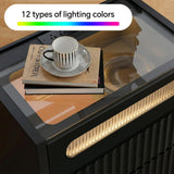 NightStand Set of 2 with Charging Station,with LED Lights and Tempered Glass Panel,Modern Bedside Tablewith 2 Fluted Drawers and One Glass Drawer,Hidden Handles End Table,Bedroom of Nightstand(Black)