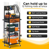 JIRTEMOT Fishing Rod Holder Organizer with Fabric Drawer & Pegboard, Space-Saving Garage Storage for 12 Rods, Reels, Tackle Boxes, Portable Fishing Gear Cart for Easy Access & Mobility