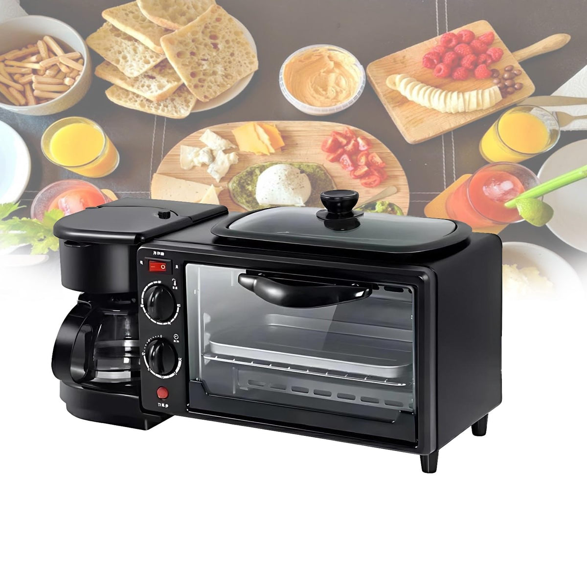 4-in-1 Breakfast Station with Mini Oven, Coffee Brewer, Non-stick Grid ...