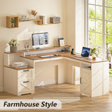 63" Farmhouse L Shaped Executive Desk with Drawers & Storage Shelf,