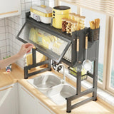 QIUHTR Over The Sink Dish Drying Rack with Dustproof Cover Drying Rack Kitchen with Cutlery Holder,Space Saving Counter Organizer,for Dishes,Plates,Cups,Utensils