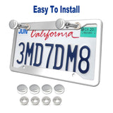 BGGTMO Stainless Steel License Plate Frames- 2 Pack Heavy Duty Polished Mirror Car Tag Cover with Chrome Screws Caps, 4 Holes Front & Rear Holders with Fasteners, Inserts, Rust/Rattle Proof Pads