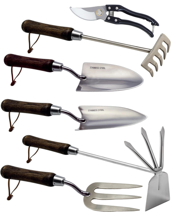 Garden Tool Set, 6PCS Heavy Duty Stainless Steel Gardening Hand Tools with Ropes, Including Trowel, Transplanter, 2-in-1 Hoe