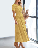 BTFBM Womens Summer 2026 Casual Midi Maxi Dresses Lightweight Short Sleeve V Neck Elastic Waist Boho Beach Dress Pockets(Yellow, Medium)